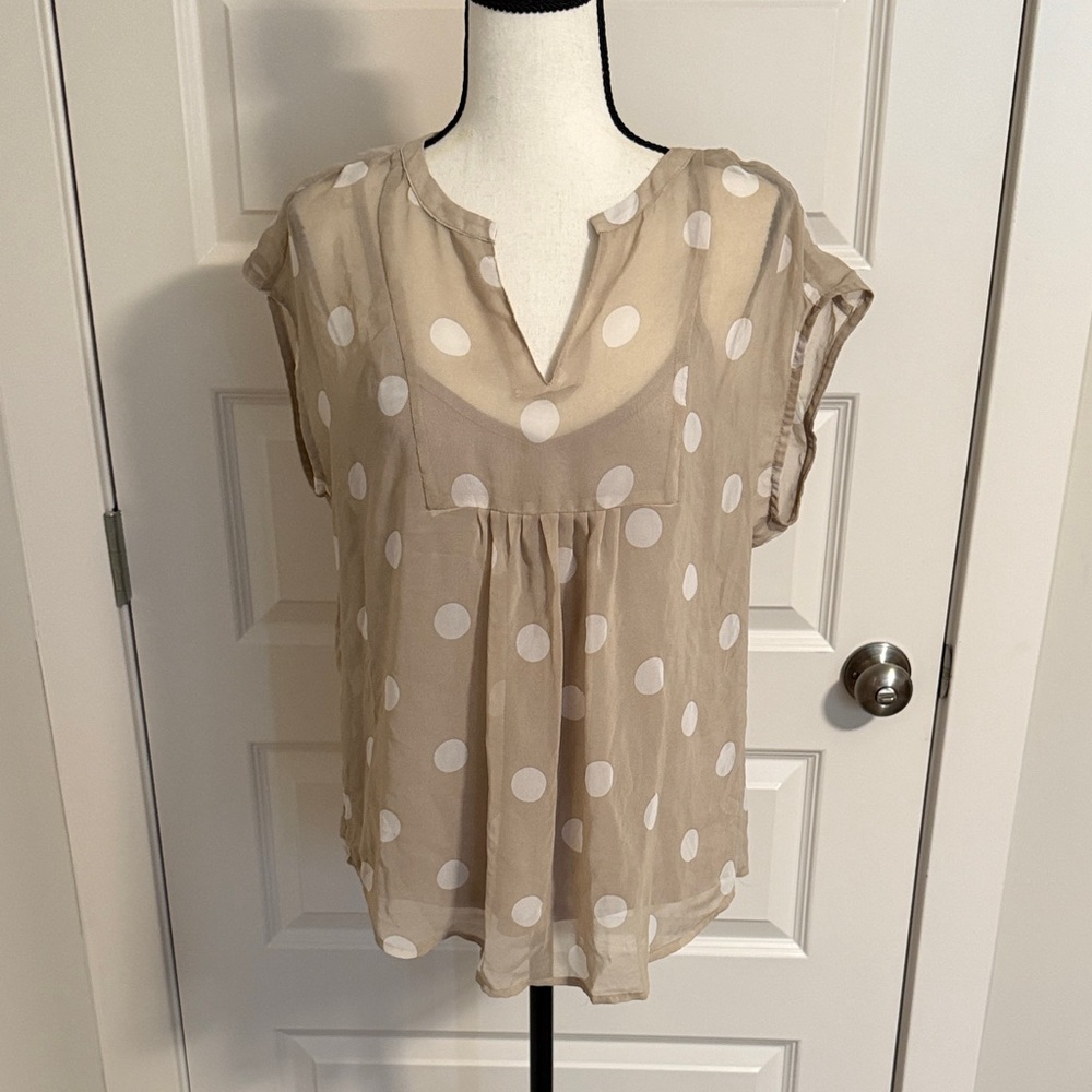 Liz Claiborne| Polka Dot Beige Short Sleeve Blouse with Attached Tank Top